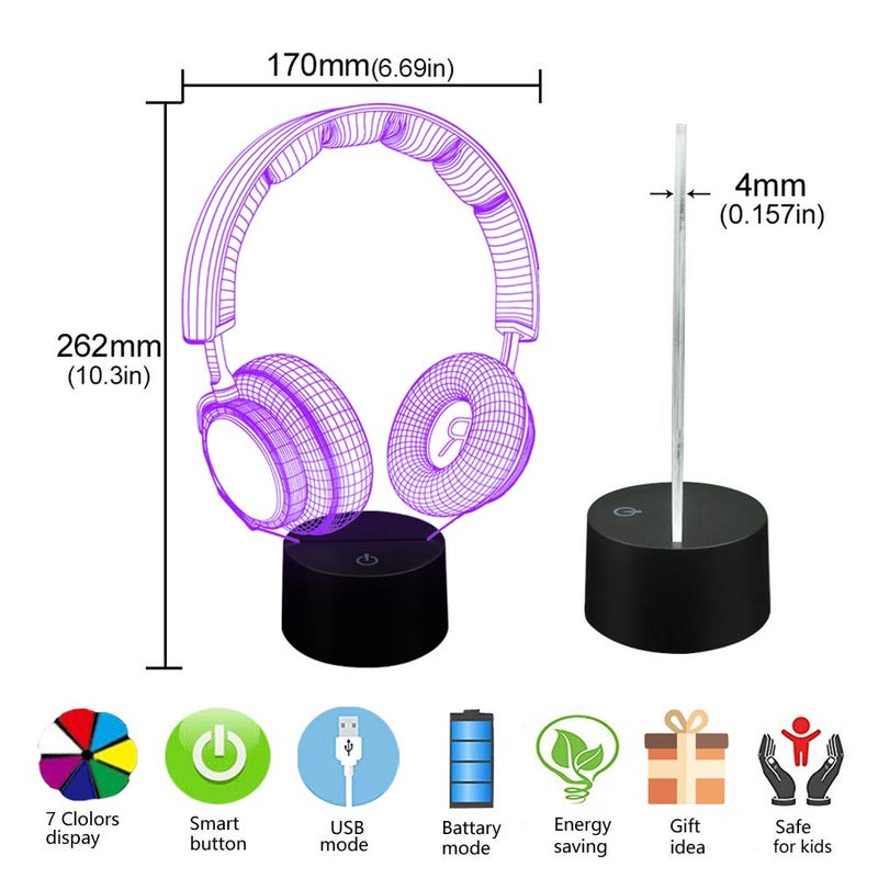 AZIMOM Headphone Headset 3D Illusion Lamp 16Color Night Light,Smart Touch Sensor & Remote Control Bedside Lamps Home Decoration Kids Boys Girls Women Birthday Gifts - Image 4